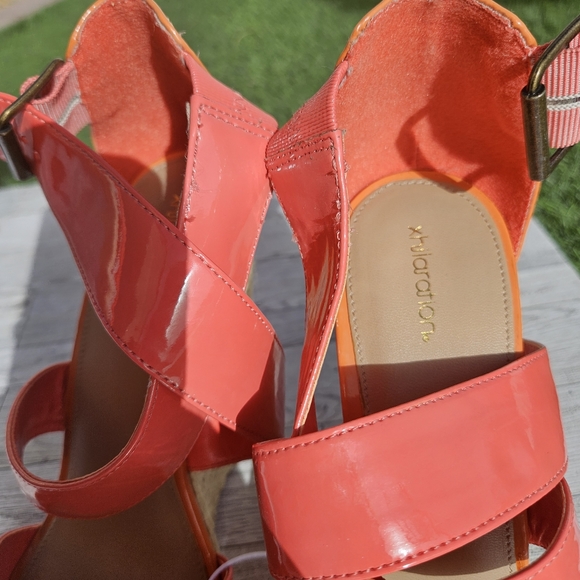 Xhilaration Coral Orange Open Peep Toe Sandals Strapped Wedge Heel Size 10 - Picture 16 of 16